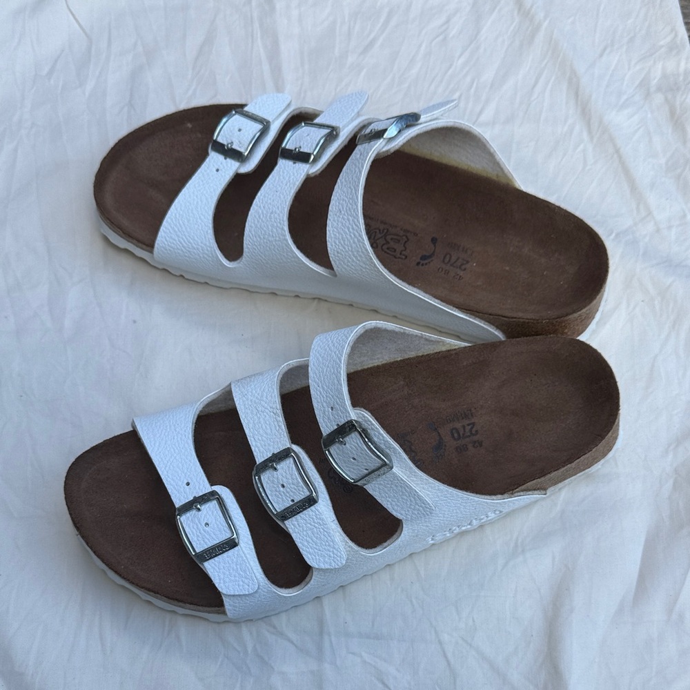 Birkenstock White Sandals with Silver Buckles
